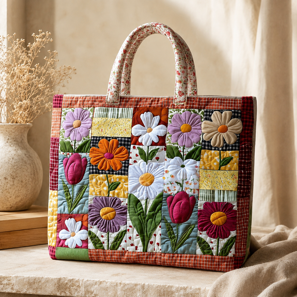 Floral Patchwork Quilted Tote Bag