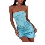 Light Blue Floral Strapless Satin Mini Dress