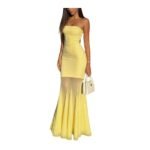 Lemon Yellow Strapless Mesh Mermaid Evening Maxi Dress