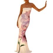 Art Floral Print Strapless Mermaid Maxi Gown