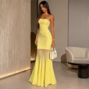 Lemon Yellow Strapless Mesh Mermaid Evening Maxi Dress - Image 2