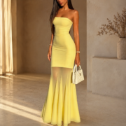 Lemon Yellow Strapless Mesh Mermaid Evening Maxi Dress - Image 3