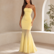 Lemon Yellow Strapless Mesh Mermaid Evening Maxi Dress - Image 4