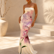 Art Floral Print Strapless Mermaid Maxi Gown - Image 4
