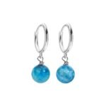 Silver Huggie Hoop Earrings with Blue Marble Bead Charms