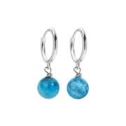 Silver Huggie Hoop Earrings with Blue Marble Bead Charms