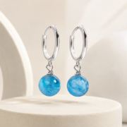 Silver Huggie Hoop Earrings with Blue Marble Bead Charms - Image 4