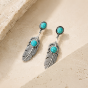 Vintage Turquoise Feather Drop Dangle Earrings - Image 2