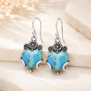 Vintage Heart Turquoise Dangle Hook Earrings - Image 2