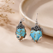 Vintage Heart Turquoise Dangle Hook Earrings - Image 4
