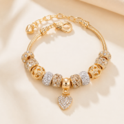 Gold‑Tone Crystal Heart Charm Beaded Bracelet - Image 2
