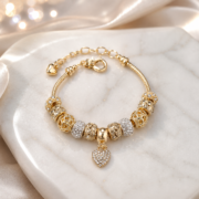 Gold‑Tone Crystal Heart Charm Beaded Bracelet - Image 3