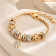 Gold‑Tone Crystal Heart Charm Beaded Bracelet - Image 4