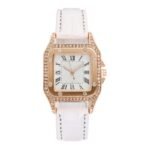Rose‑Gold Crystal Square Watch With White Leather Strap
