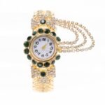 Gold‑Tone Green Crystal Bangle Women Wrist Watch