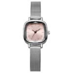 Square Pink Dial Silver Mesh Band Ladies Watch