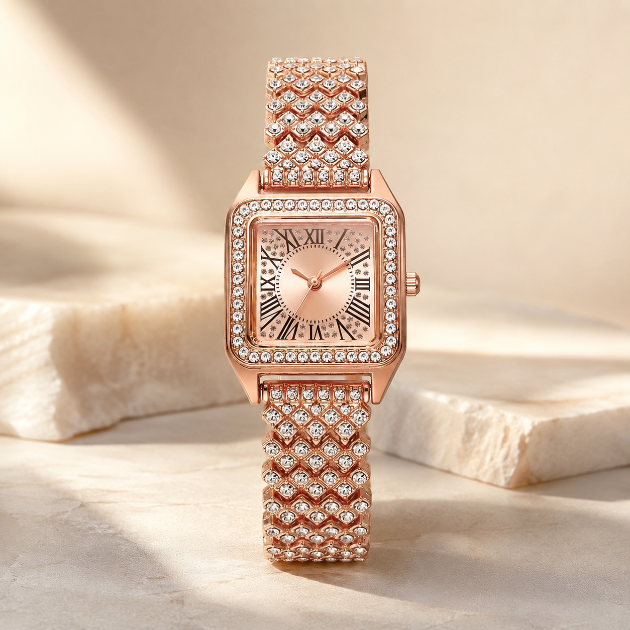 Rose Gold Crystal Square Watch
