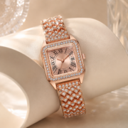 Rose Gold Square Crystal Roman Numeral Women Watch - Image 2