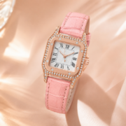 Rhinestone Square Roman Numeral Pink Strap Watch - Image 2