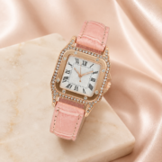 Rhinestone Square Roman Numeral Pink Strap Watch - Image 3