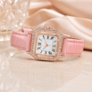 Rhinestone Square Roman Numeral Pink Strap Watch - Image 4