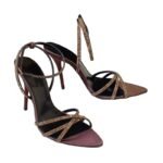 Brown Rhinestone Crisscross Ankle Strap High Heel Sandals