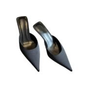 Black Satin Pointed‑Toe Slip‑On Mule Heels