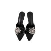 Rhinestone Floral Pointed Toe Slip‑On Mule Heels
