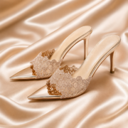Champagne Lace Pointed‑Toe Stiletto Mule Heels - Image 2