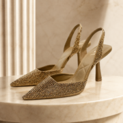 Golden Rhinestone Pointed Toe Slingback High Heels - Image 2