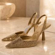Golden Rhinestone Pointed Toe Slingback High Heels - Image 3