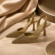 Golden Rhinestone Pointed Toe Slingback High Heels - Image 4