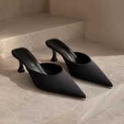 Black Satin Pointed‑Toe Slip‑On Mule Heels - Image 2
