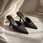 Black Satin Pointed‑Toe Slip‑On Mule Heels - Image 4