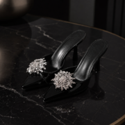 Rhinestone Floral Pointed Toe Slip‑On Mule Heels - Image 2