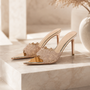 Champagne Lace Pointed‑Toe Stiletto Mule Heels - Image 3