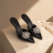 Rhinestone Floral Pointed Toe Slip‑On Mule Heels - Image 3
