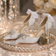 Silver Glitter Pearl Bow Decor Pointed Toe High Heels - Image 4