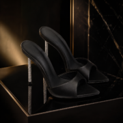 Black Pointed Toe Mules With Rhinestone Stiletto Heel - Image 2