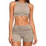 Taupe High‑Neck Crop Top Fold‑Over Short Set