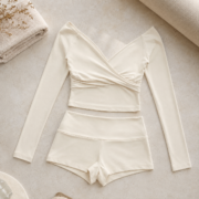 Off‑White Off‑Shoulder Wrap Workout Short Set - Image 4